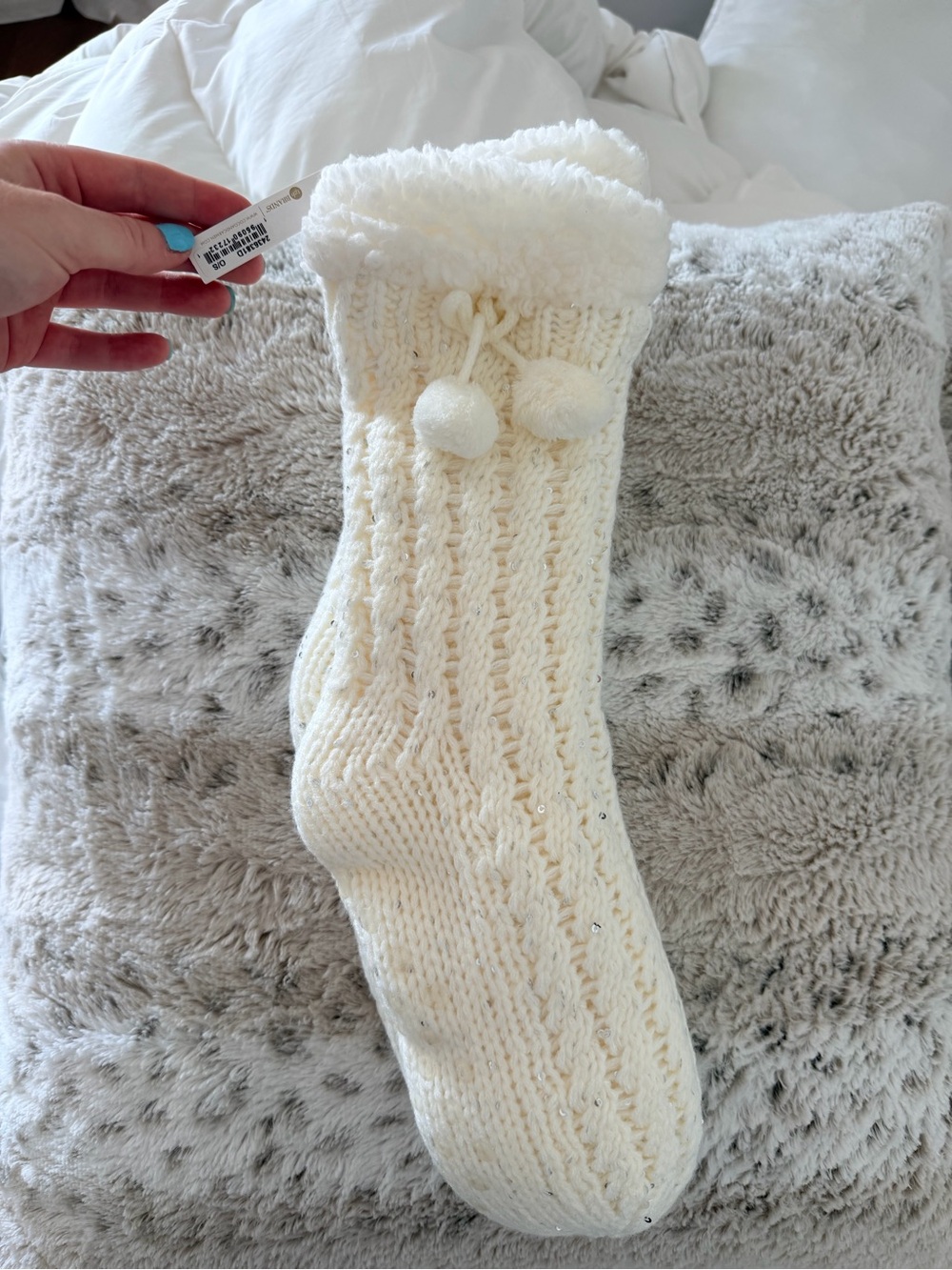 Coco + Carmen Cream Knit Pom-Pom Grip Sock